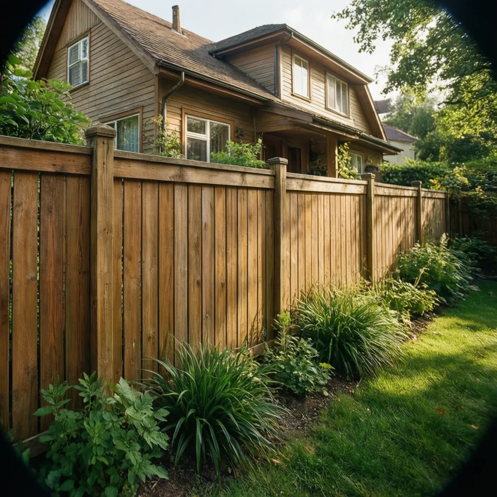 Valla de madera natural rodeando el jardín de una casa