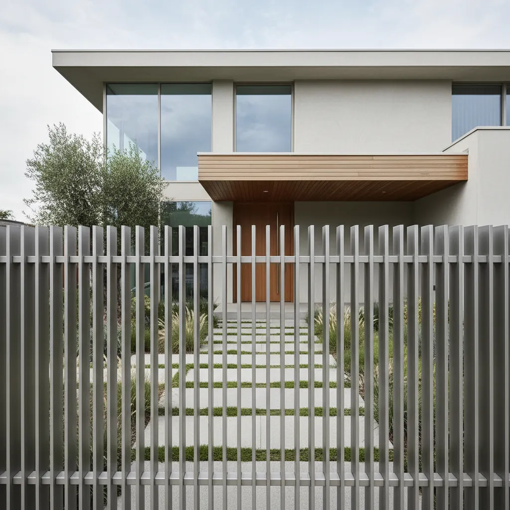 Valla metálica moderna con barras verticales frente a una casa contemporánea