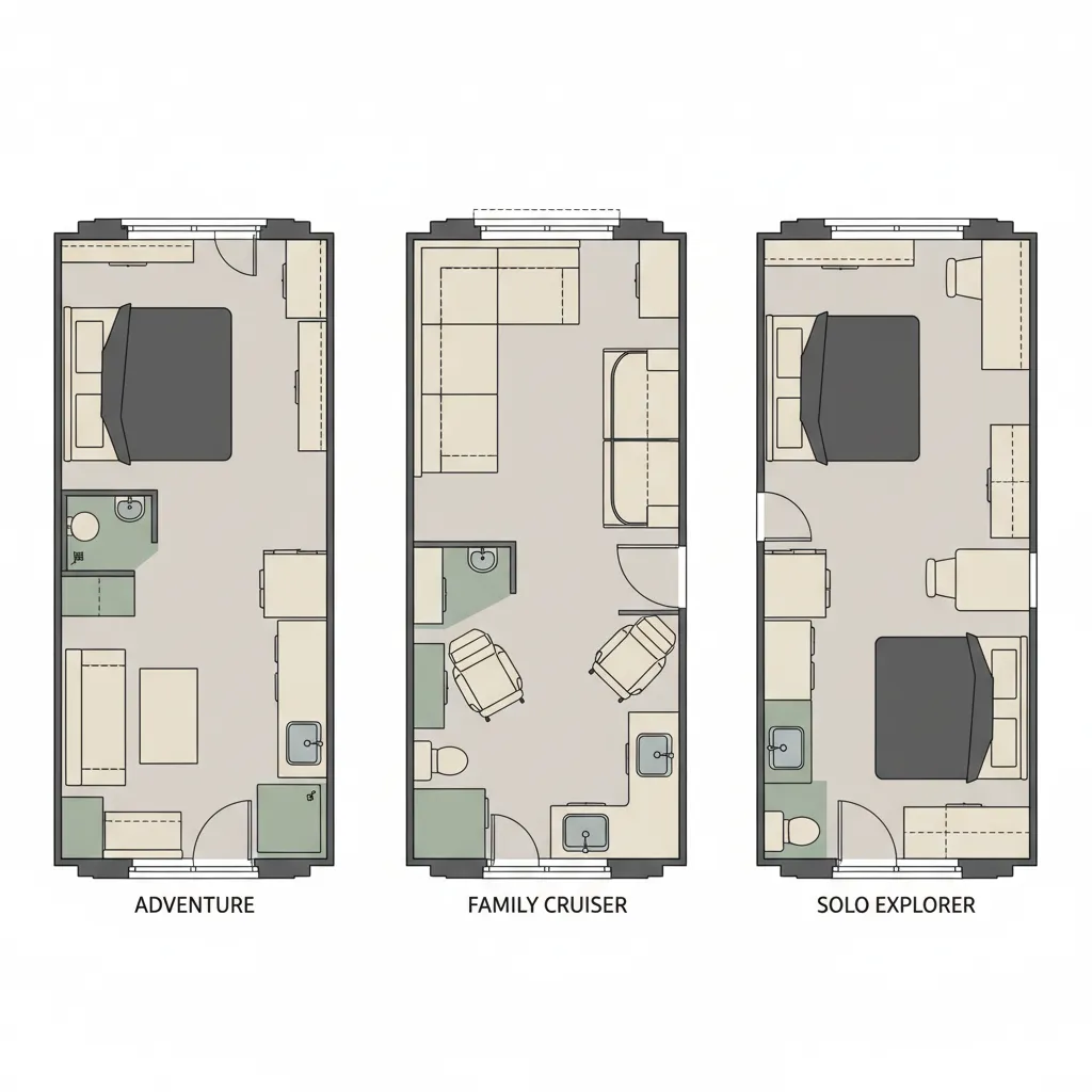 comparison diagram of different camper van floor plan layouts
