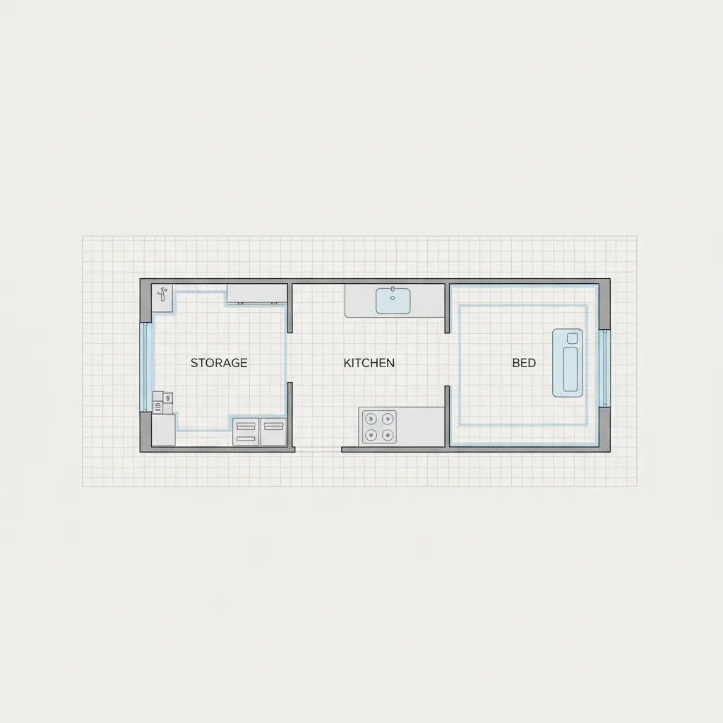 top down van floor plan grid showing kitchen bed and storage zones