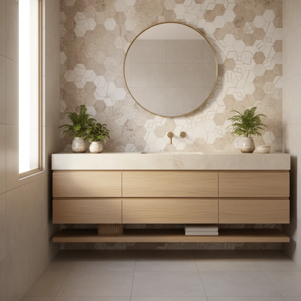 bathroom vanity with decorative accent tile backsplash
