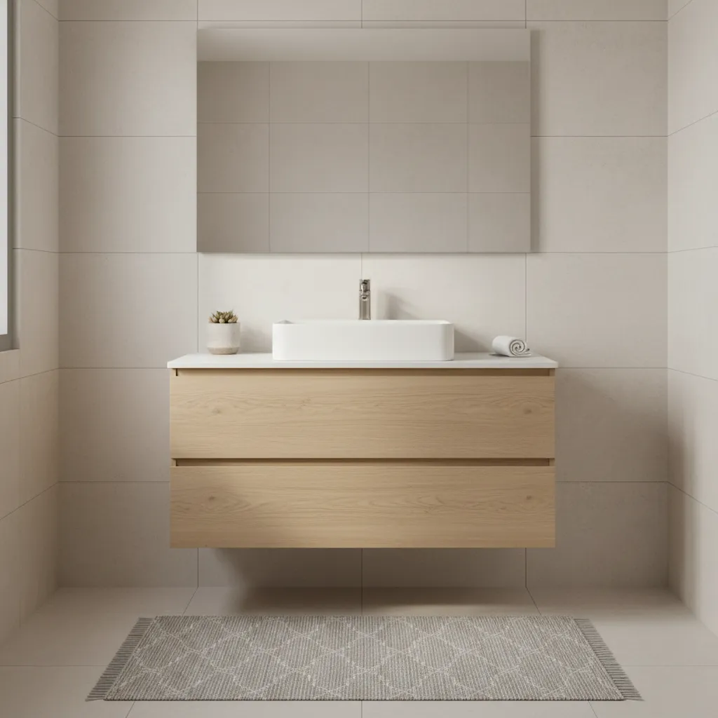 rectangular rug aligned with bathroom vanity cabinet in a small bathroom