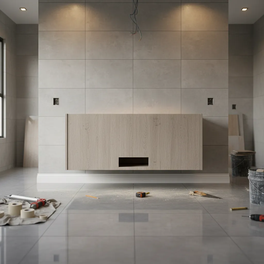 Bathroom vanity cabinet pulled away from wall due to baseboard interference