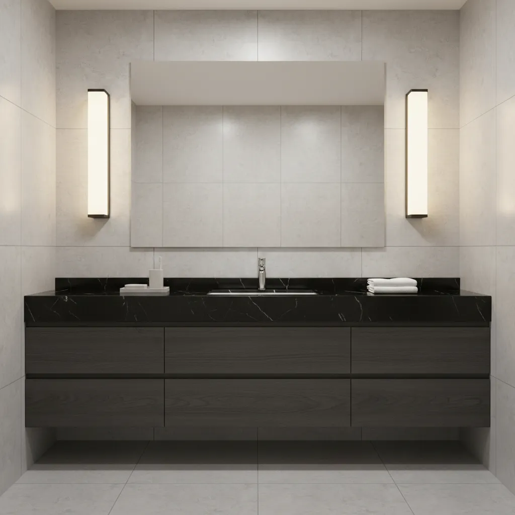 Bathroom vanity with side sconces illuminating black countertop
