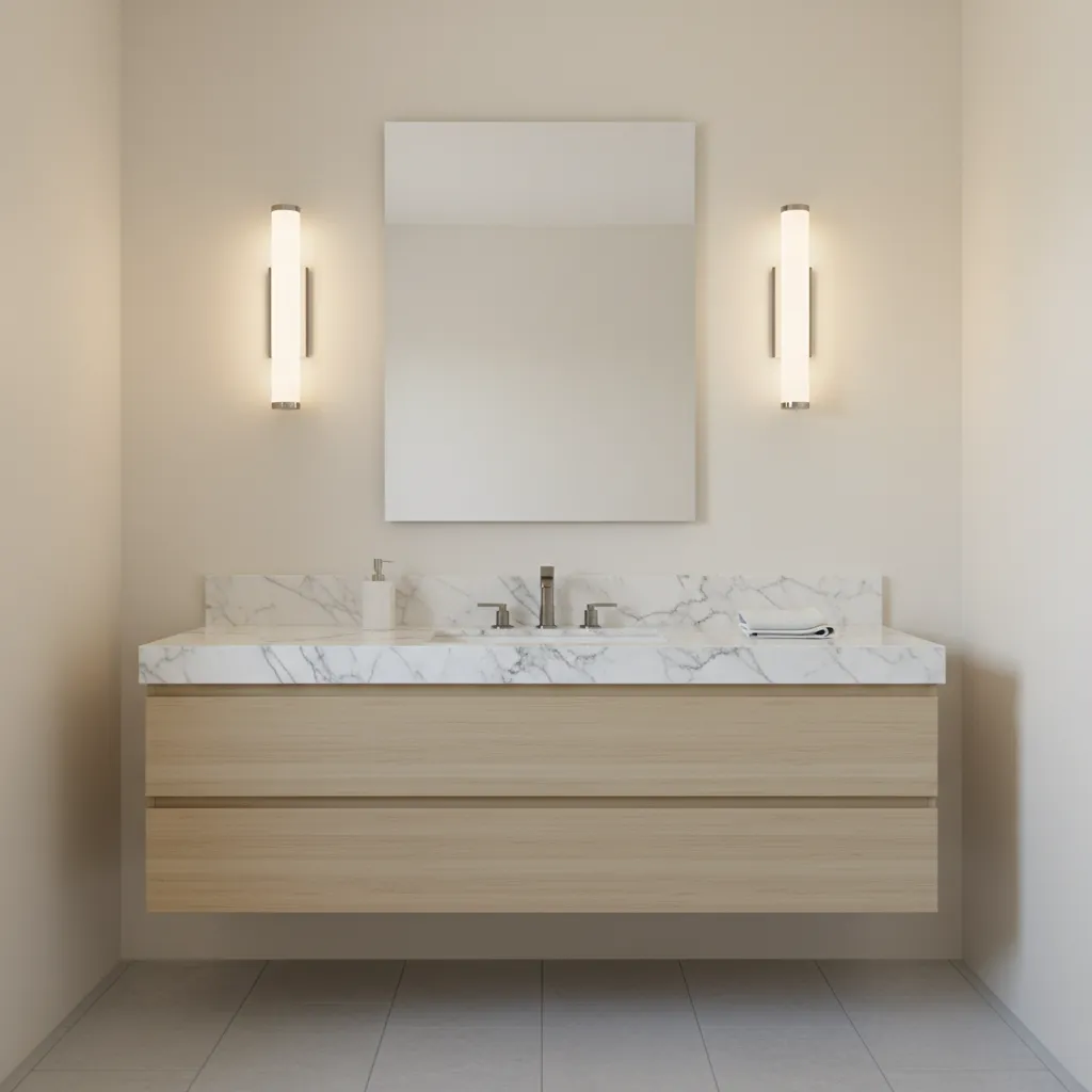 Bathroom vanity mirror with vertical wall sconces providing balanced lighting