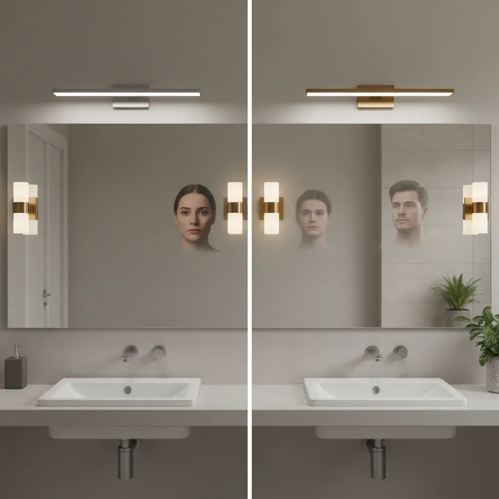 Comparison showing shadow differences between overhead light bar and side vanity lights