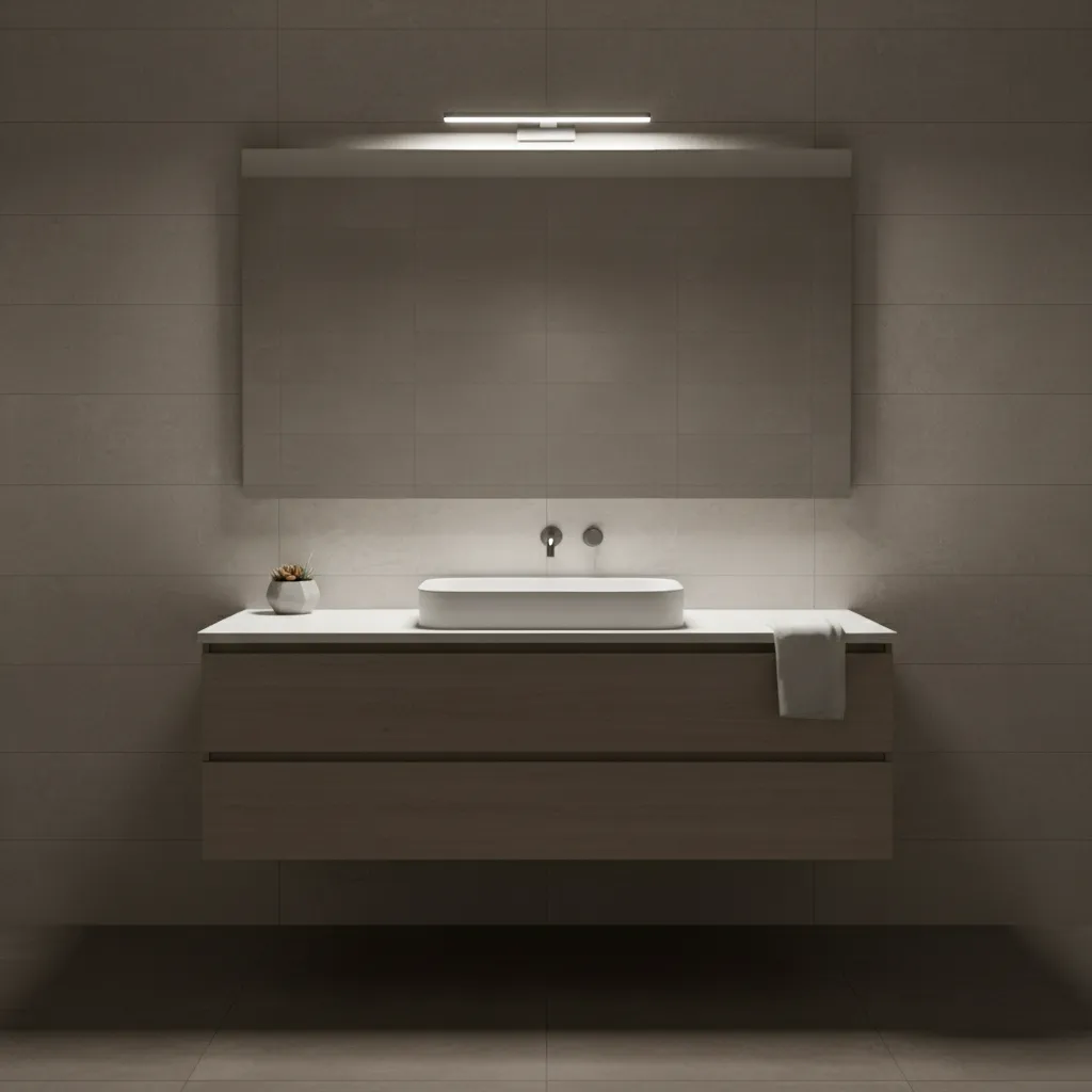 bathroom mirror with single overhead light causing shadows on sink area