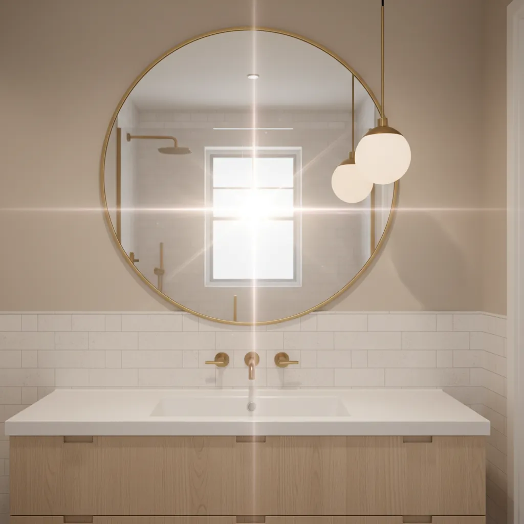 close view of pendant light glare affecting bathroom mirror lighting
