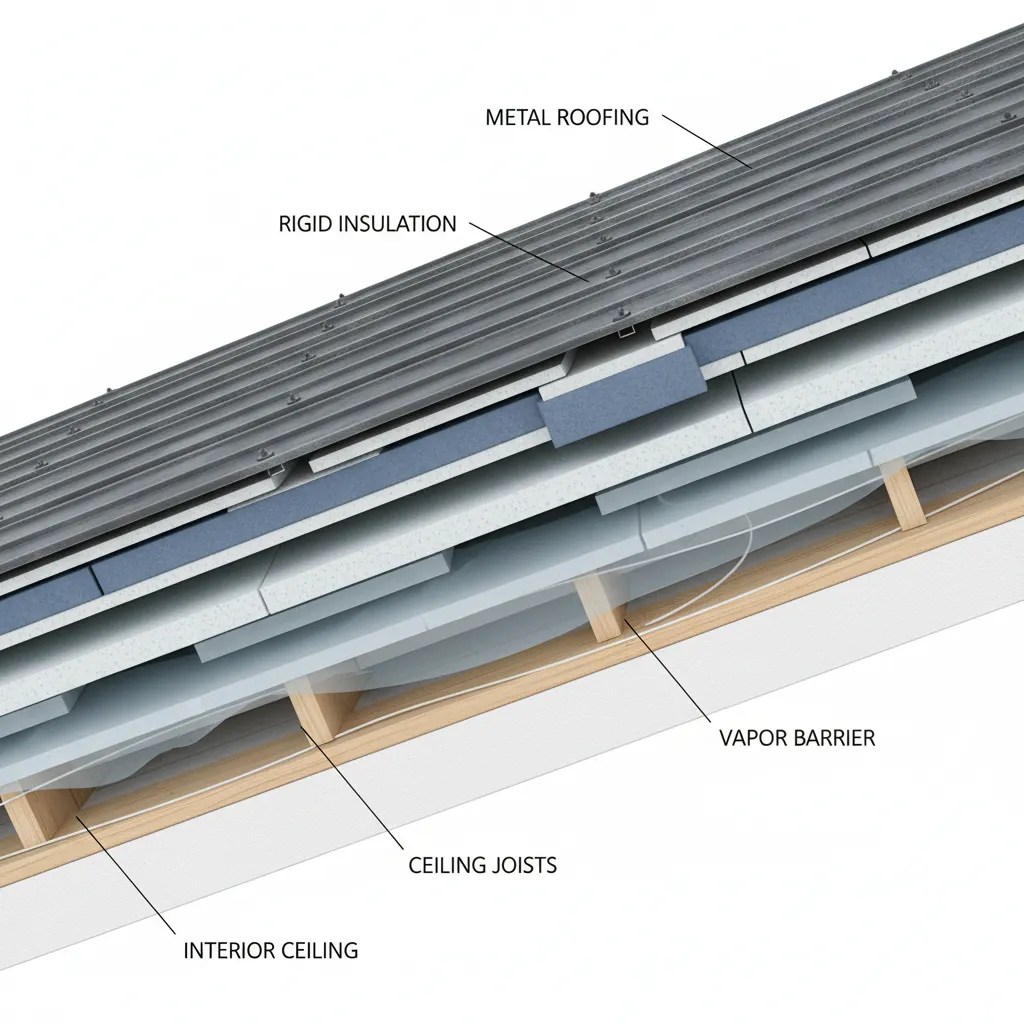 layer diagram of metal roof insulation with vapor barrier placement