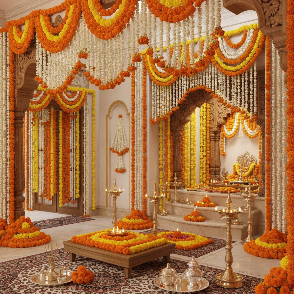 Marigold and jasmine flower decorations for Varalakshmi Pooja
