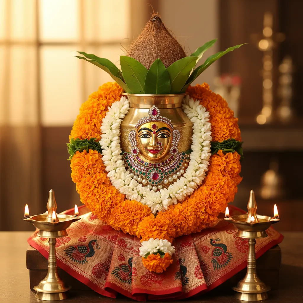 Decorated Varalakshmi kalash with coconut mango leaves and flower garlands