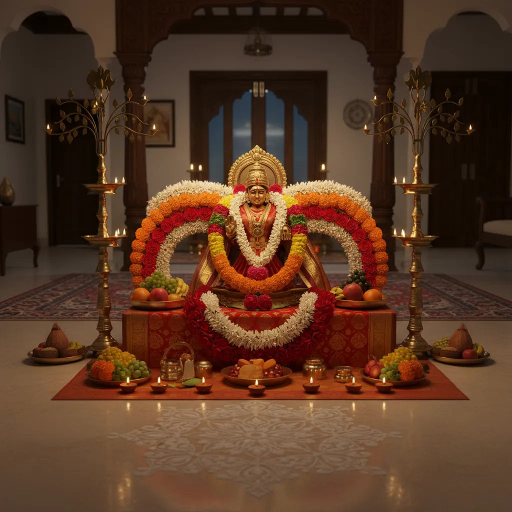 Varalakshmi pooja altar decorated with flowers and lamps