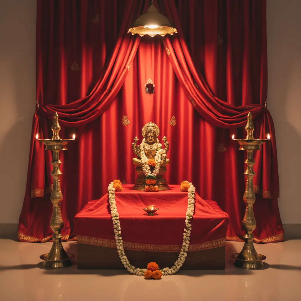 Varalakshmi Pooja altar with Lakshmi idol as focal point