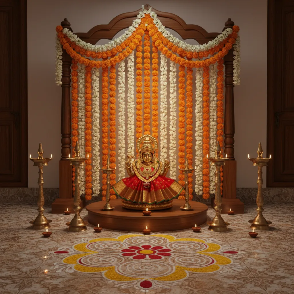 Layered Varalakshmi Pooja altar decoration with symmetrical lamps and flowers