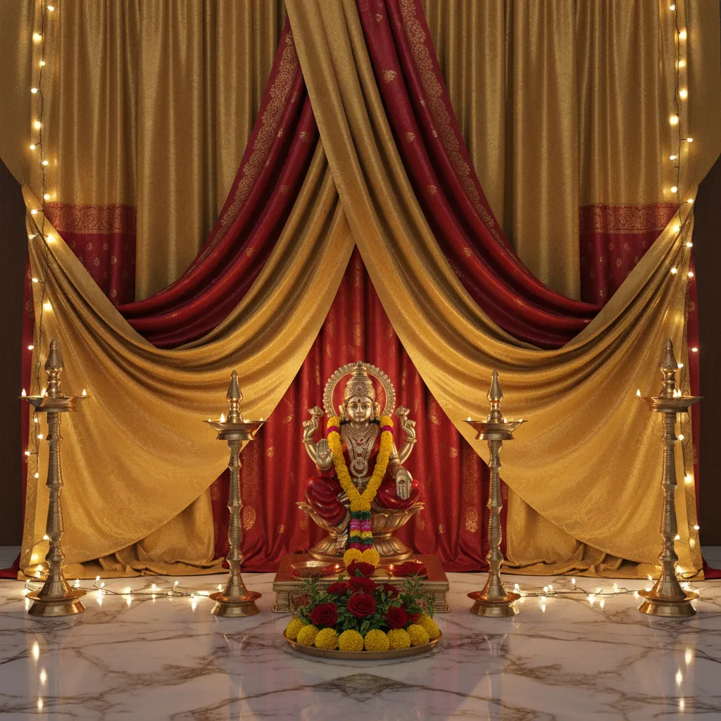 Silk saree backdrop decoration for Varalakshmi Pooja altar