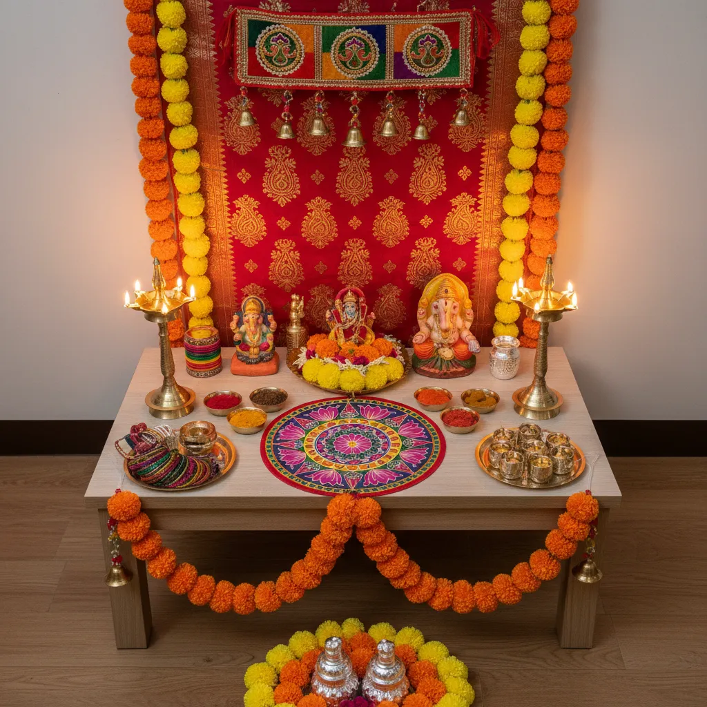 Varalakshmi Pooja decoration items including garlands toran and brass lamps