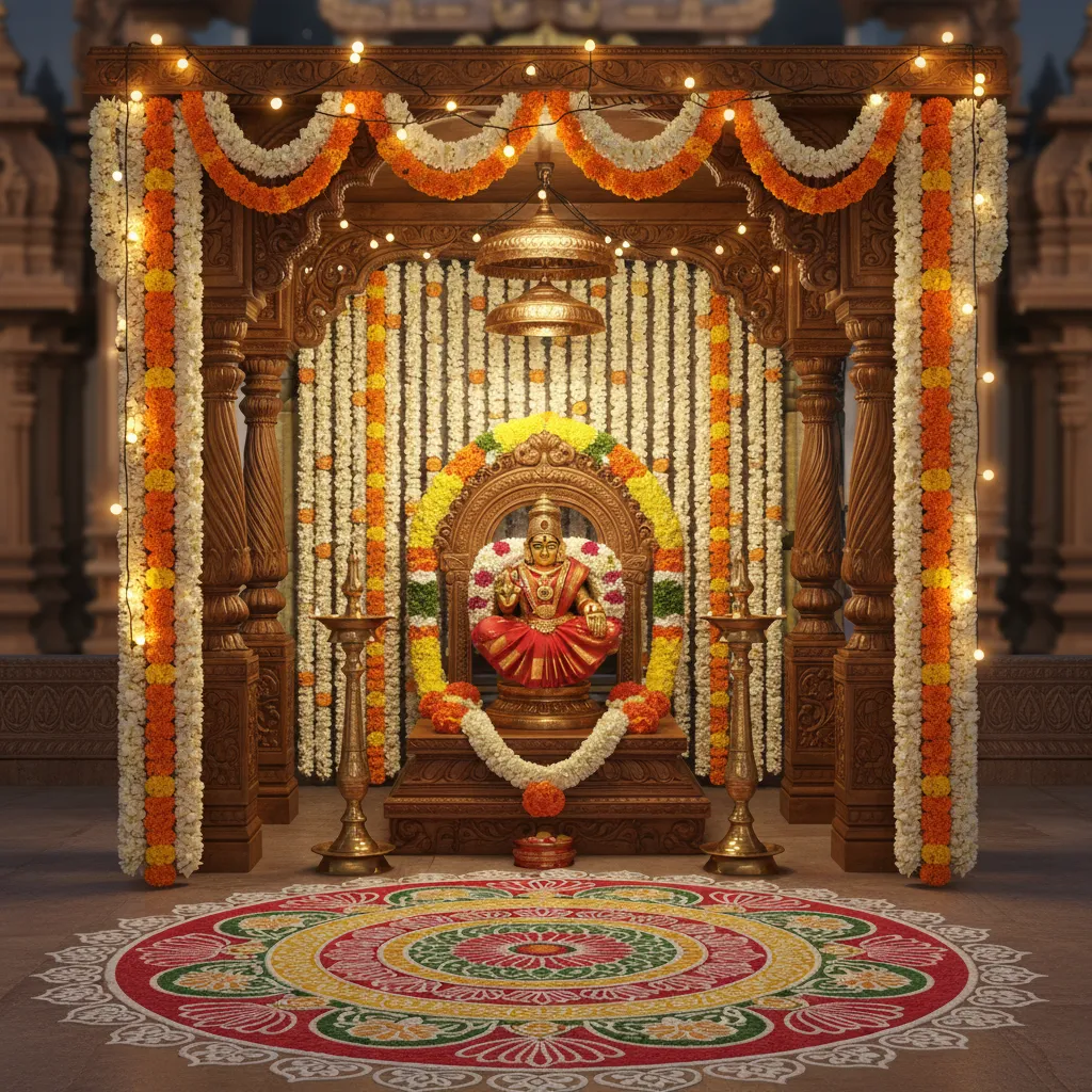 Varalakshmi pooja mandap decorated with jasmine and marigold flowers