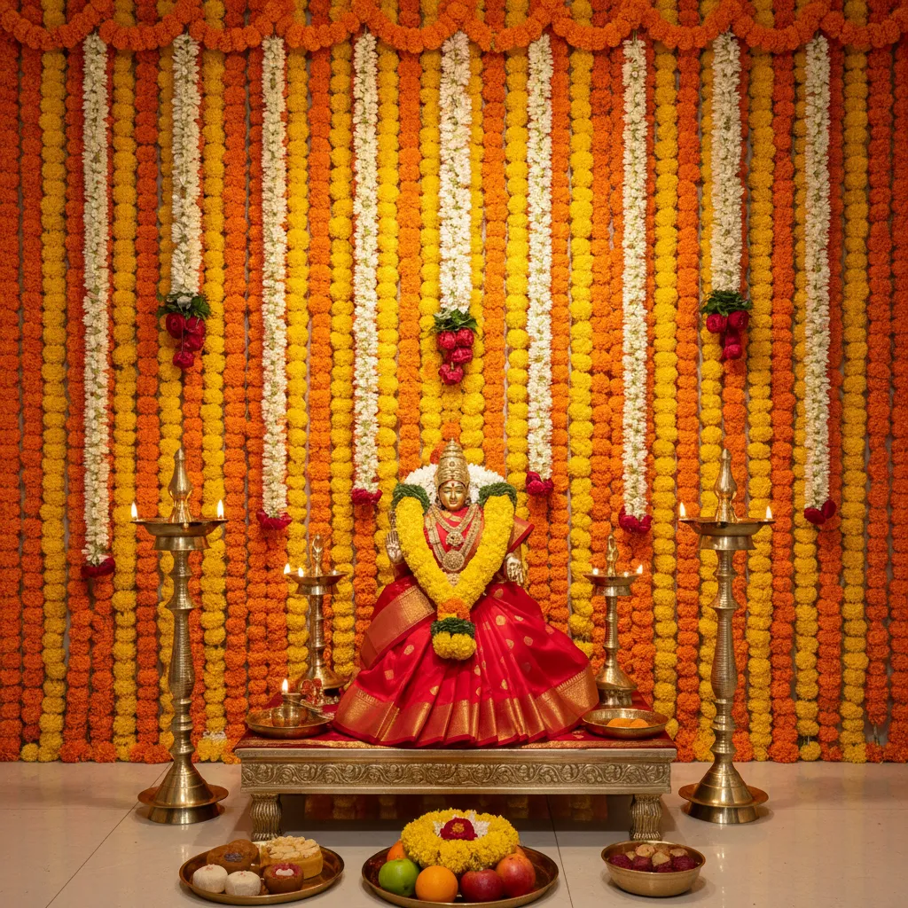 Varalakshmi pooja altar with marigold flower curtain backdrop
