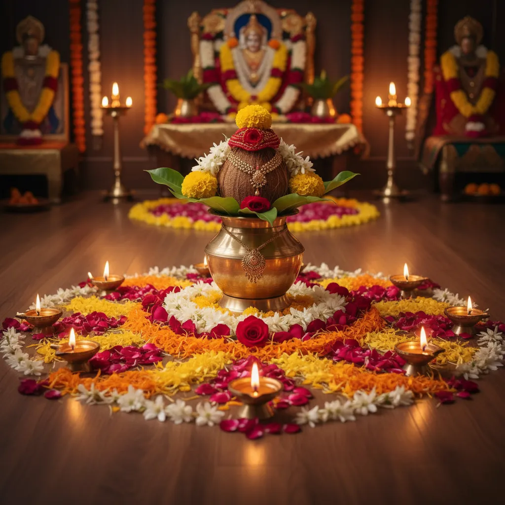 Flower rangoli and decorated kalash for Varalakshmi pooja