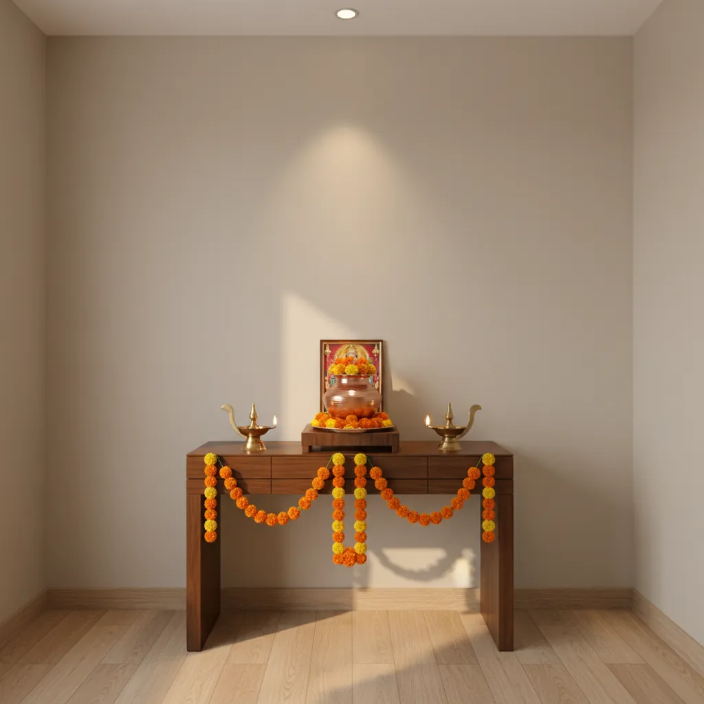 Simple home pooja corner decorated for Varalakshmi with lamps flowers and kalash