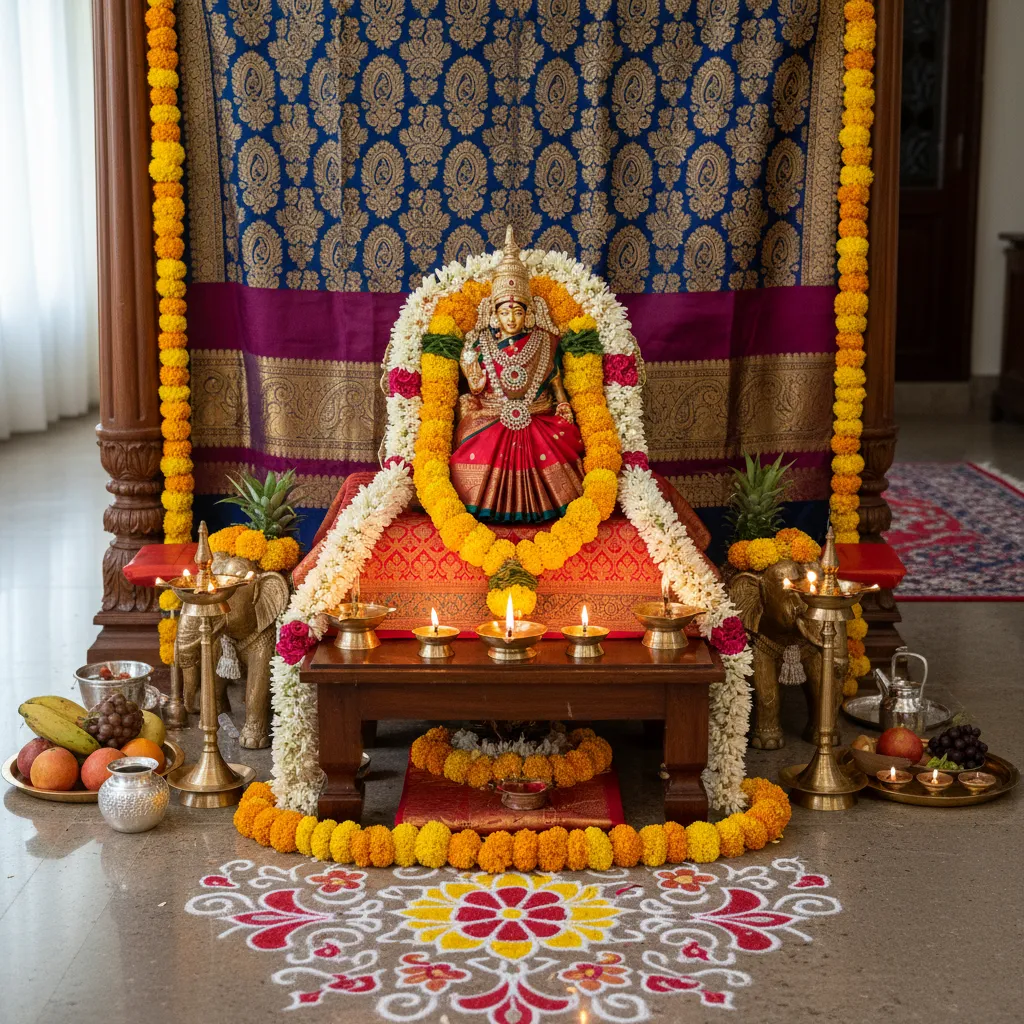 Home altar setup for Varalakshmi Pooja with flowers and brass lamps