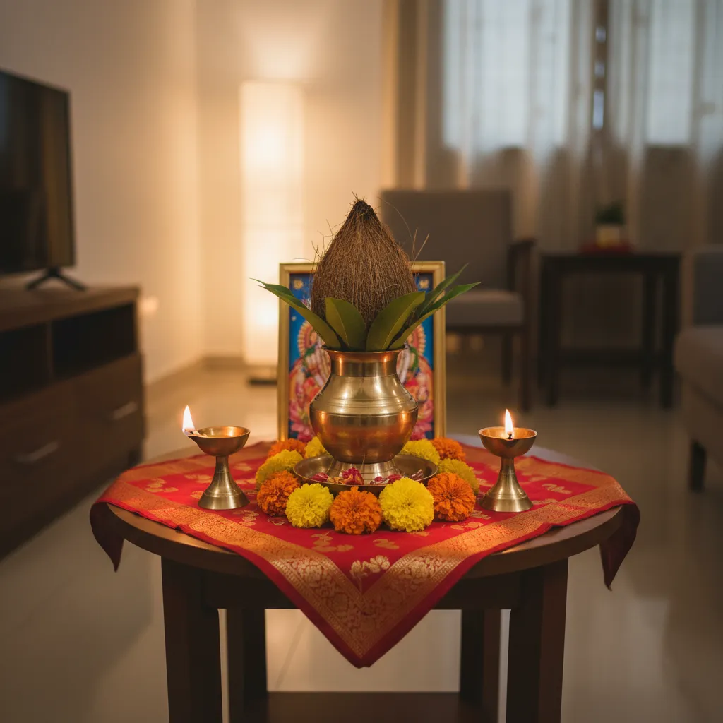 Simple home Varalakshmi pooja decoration with kalash and lamps