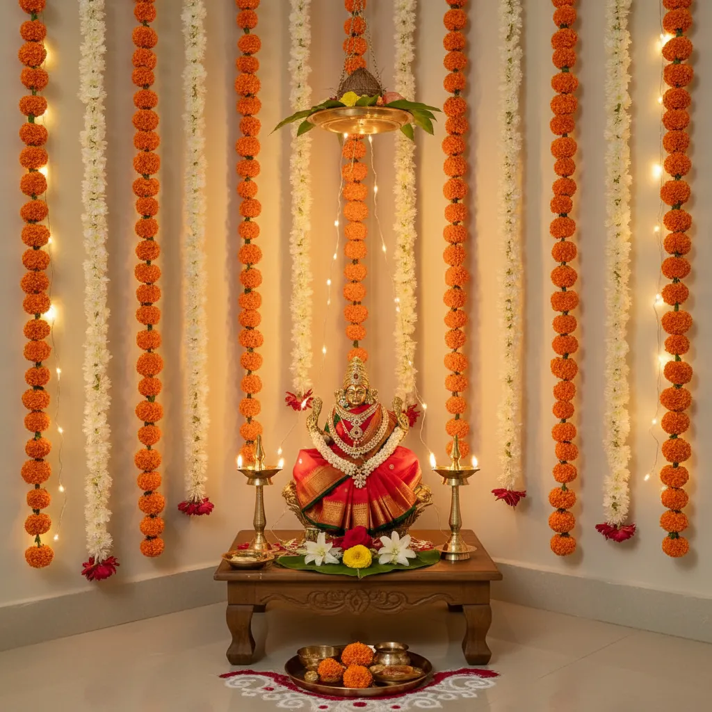 Compact Varalakshmi pooja decoration in a small apartment corner