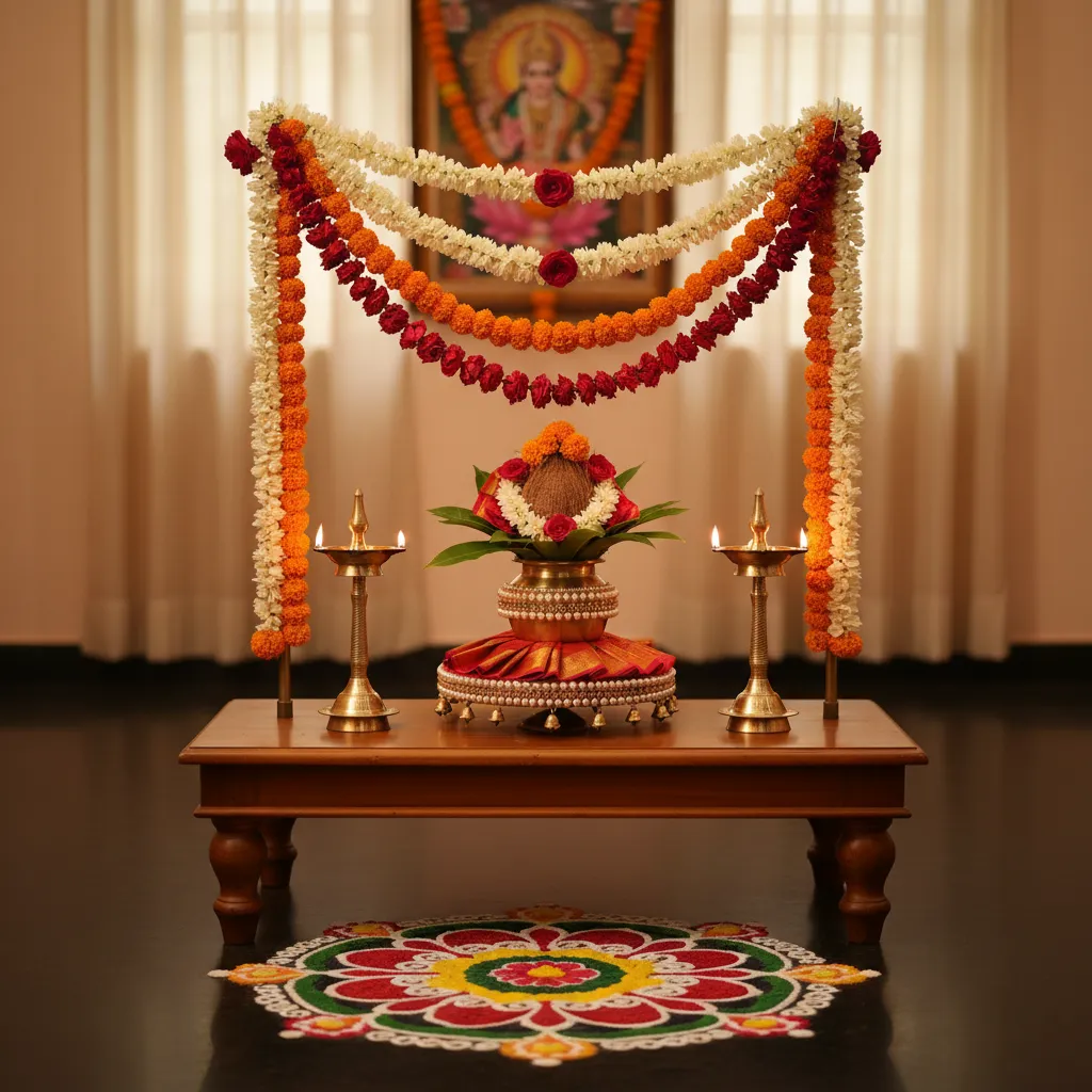 Compact Varalakshmi pooja decoration setup on small table