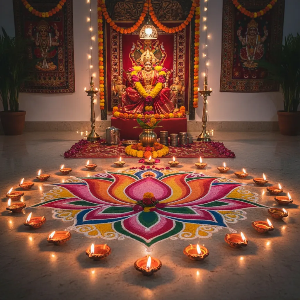 Lotus rangoli with diyas in front of Varalakshmi Pooja altar