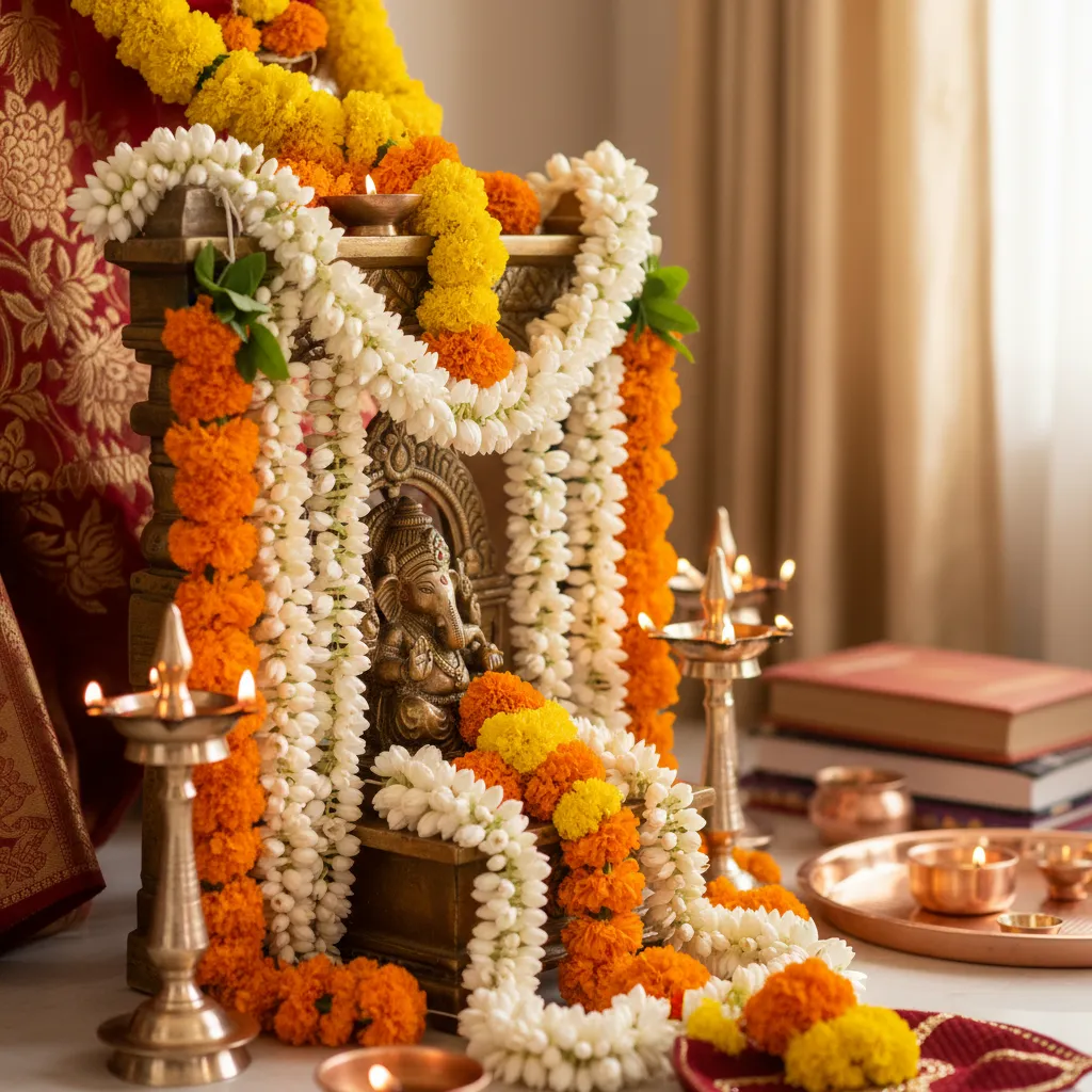 Jasmine and marigold flower garlands decorating a pooja altar