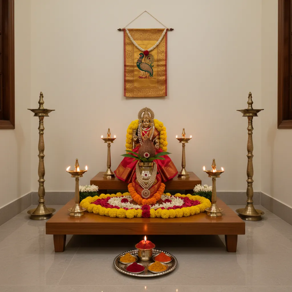 Varamahalakshmi pooja setup in a decorated home altar