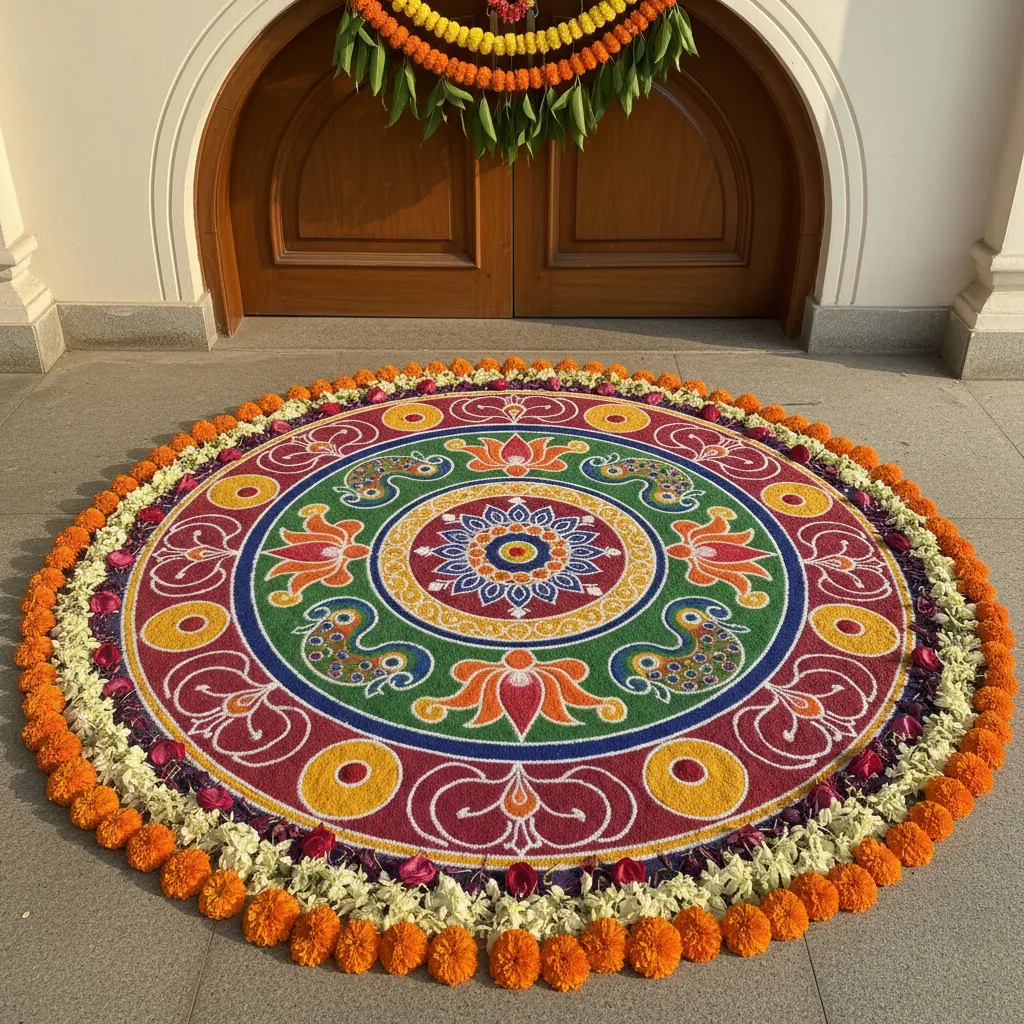 Colorful rangoli at home entrance for Varamahalakshmi festival