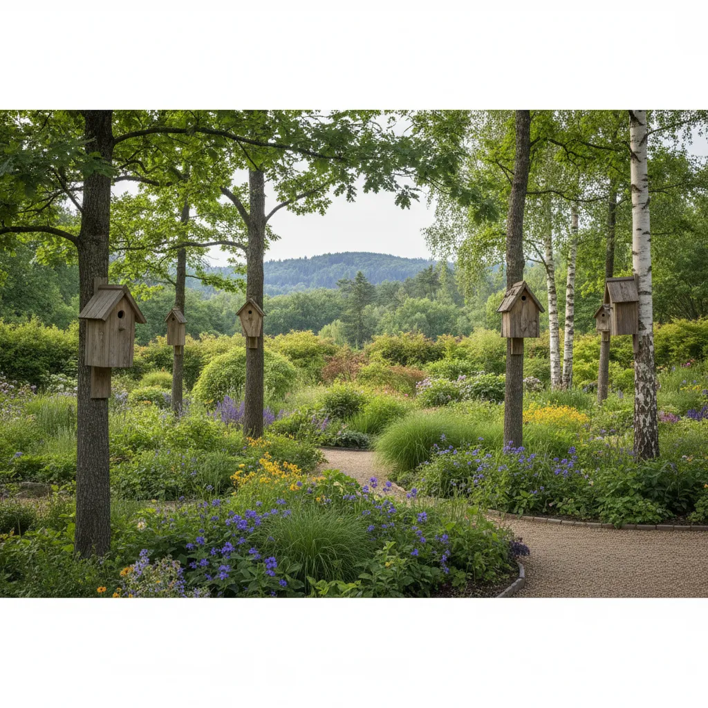 Many wooden birdhouses attached to trees along a gravel path in a large green garden