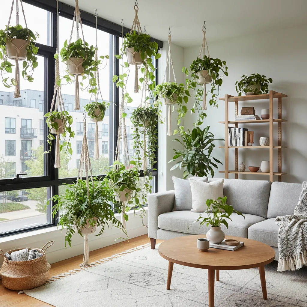 Grupo de plantas colgantes cerca de una ventana luminosa en un apartamento
