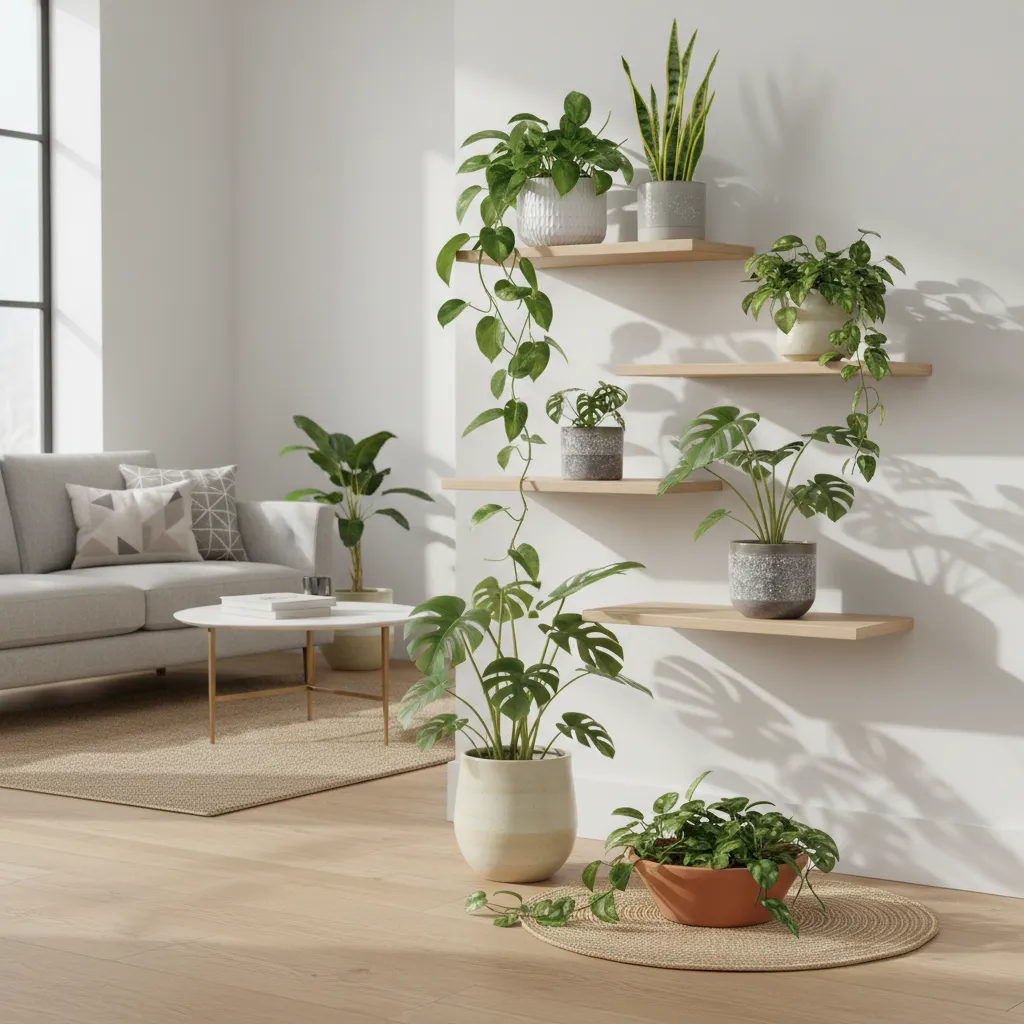 Composición decorativa con varias plantas de interior en diferentes alturas