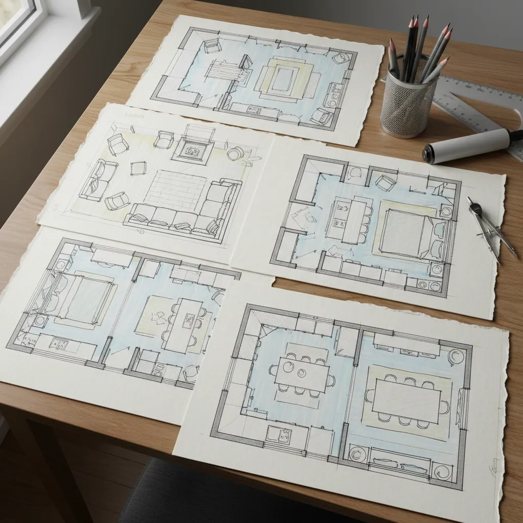 Varias ideas de distribución de una habitación dibujadas a mano
