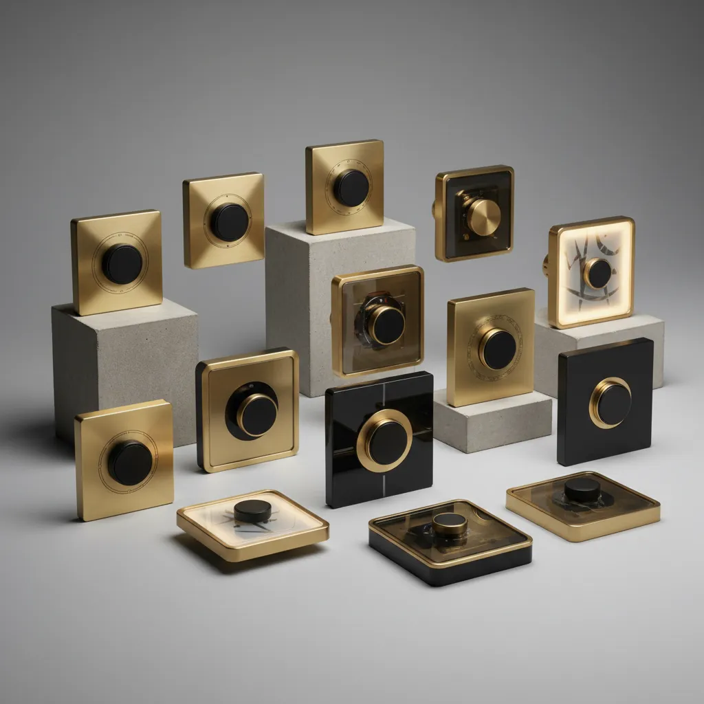 Colección de interruptores de diseño en metal negro, latón y vidrio