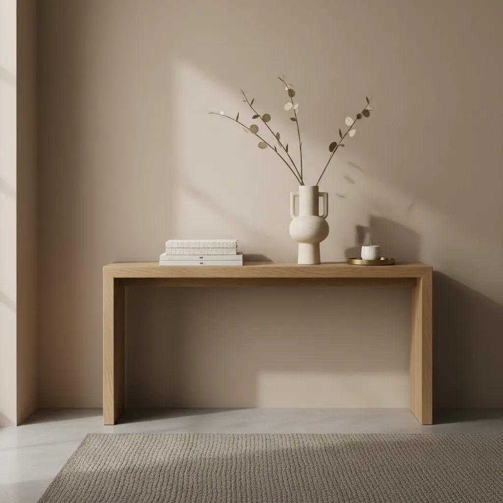 Jarrón alto sobre una consola de entrada con decoración minimalista