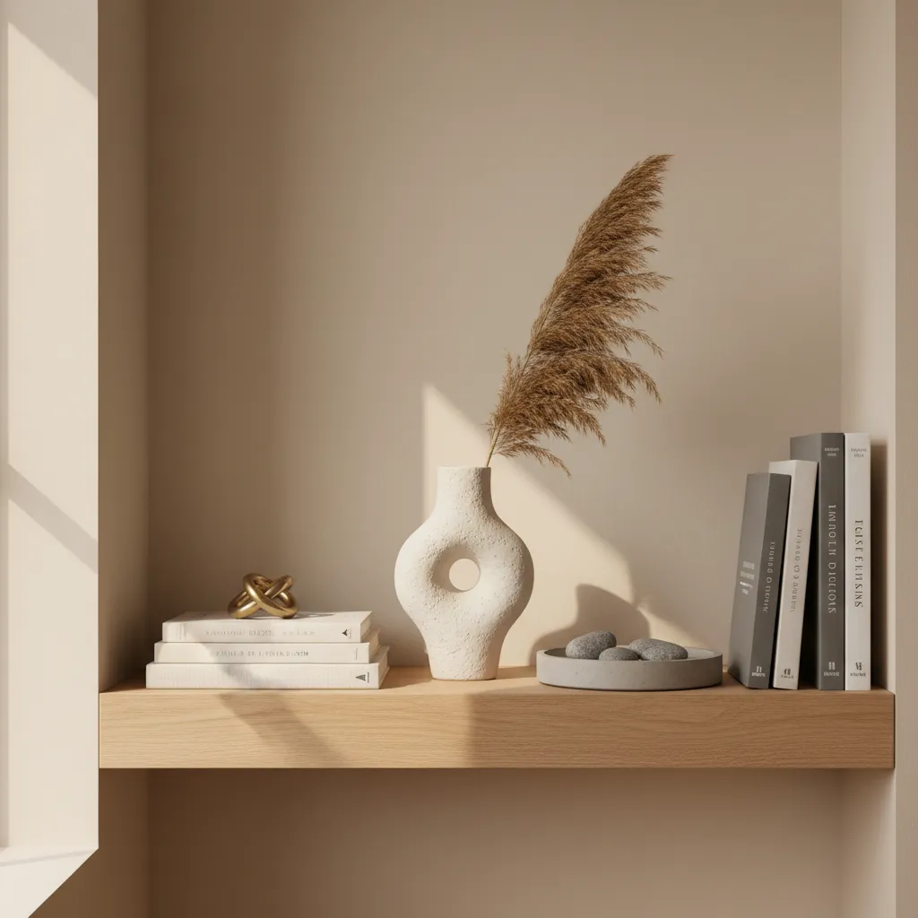 Estantería moderna con jarrón decorativo de cerámica y libros