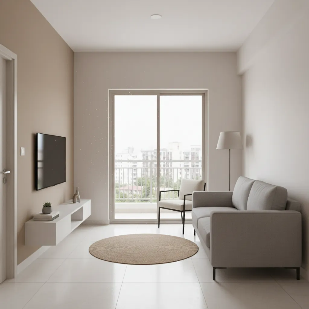 compact 1 bhk flat living room layout in vashi with minimalist furniture
