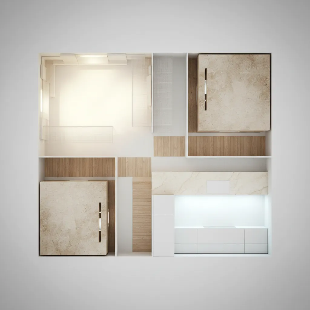 Modern room layout interior design drawing showing wooden floors white walls stone cabinets and lighting