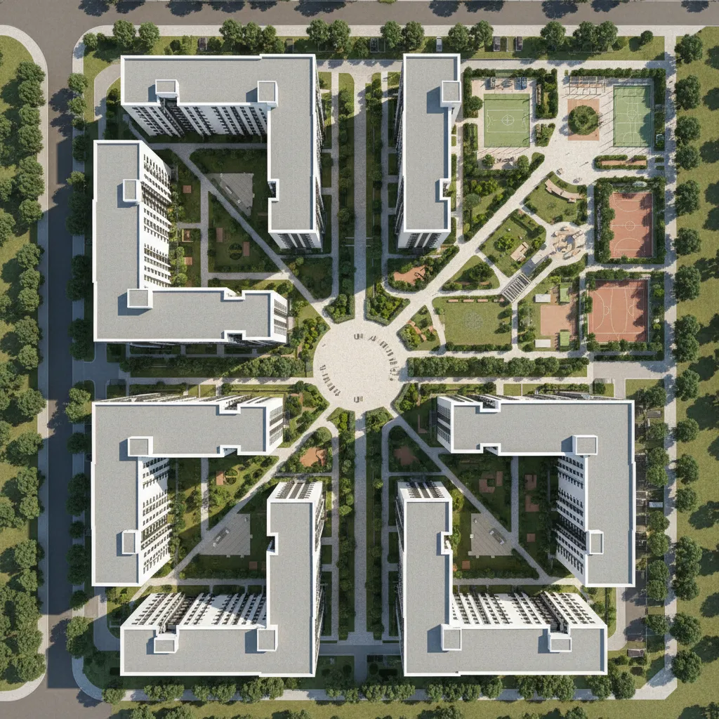 Top view of apartment complex layout with open spaces and directional planning