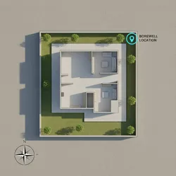 Interior design drawing of a house with a green yard and blue water well location