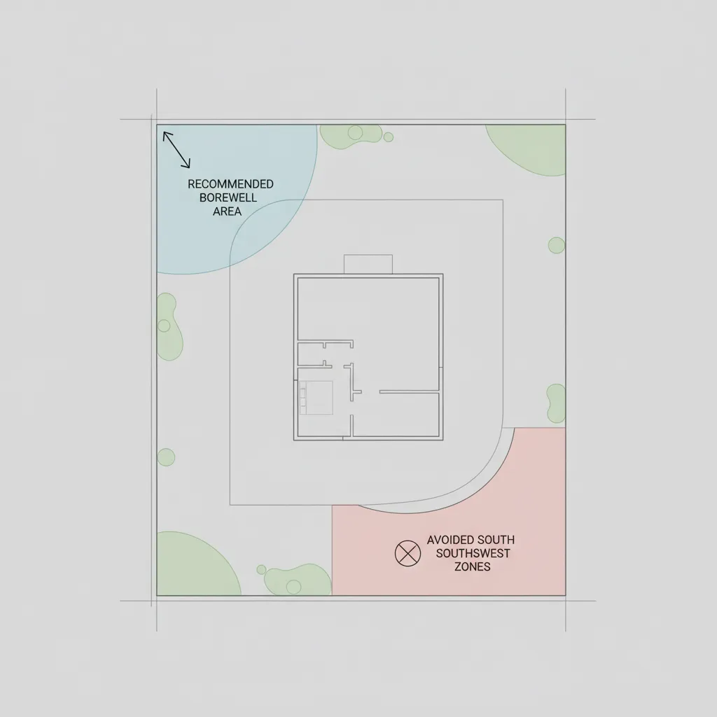 Visual guide showing recommended and avoided borewell directions on a plot