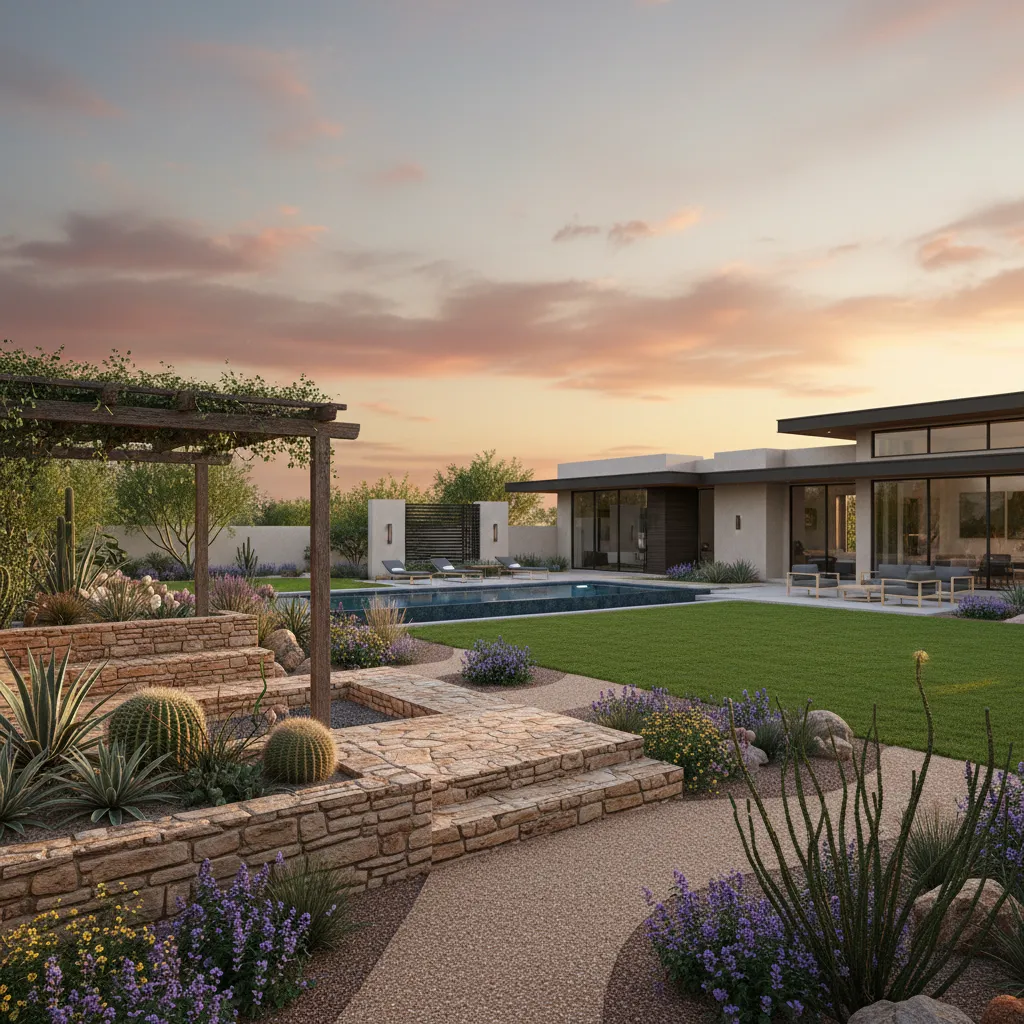 Modern house backyard with swimming pool green lawn desert plants stone walls and sunset sky