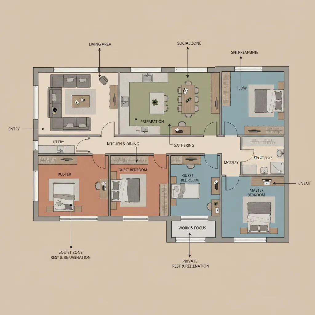 Interior diagram showing directional color zones and placement guidance for balanced design