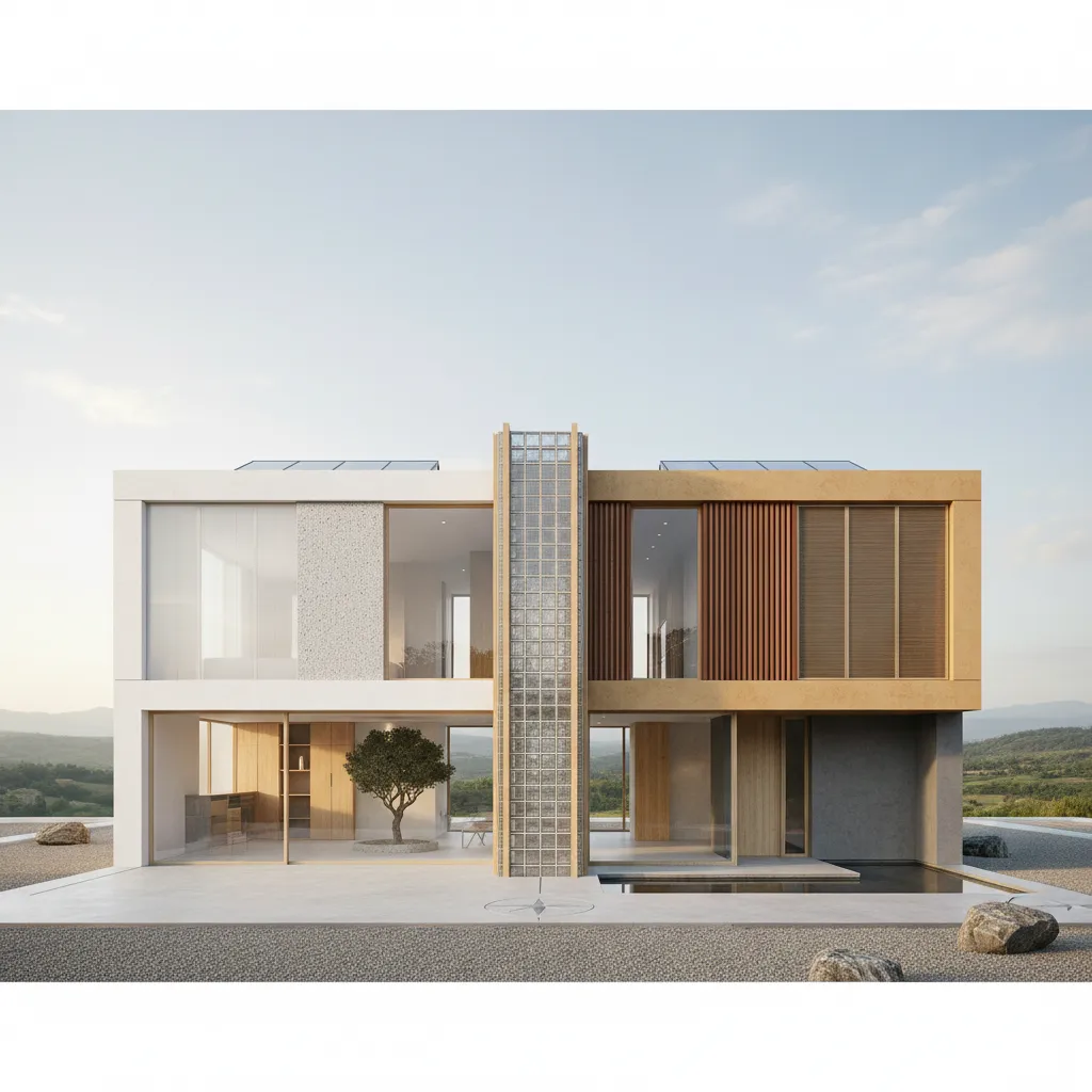 Modern two story house with large windows white and brown walls small indoor tree water