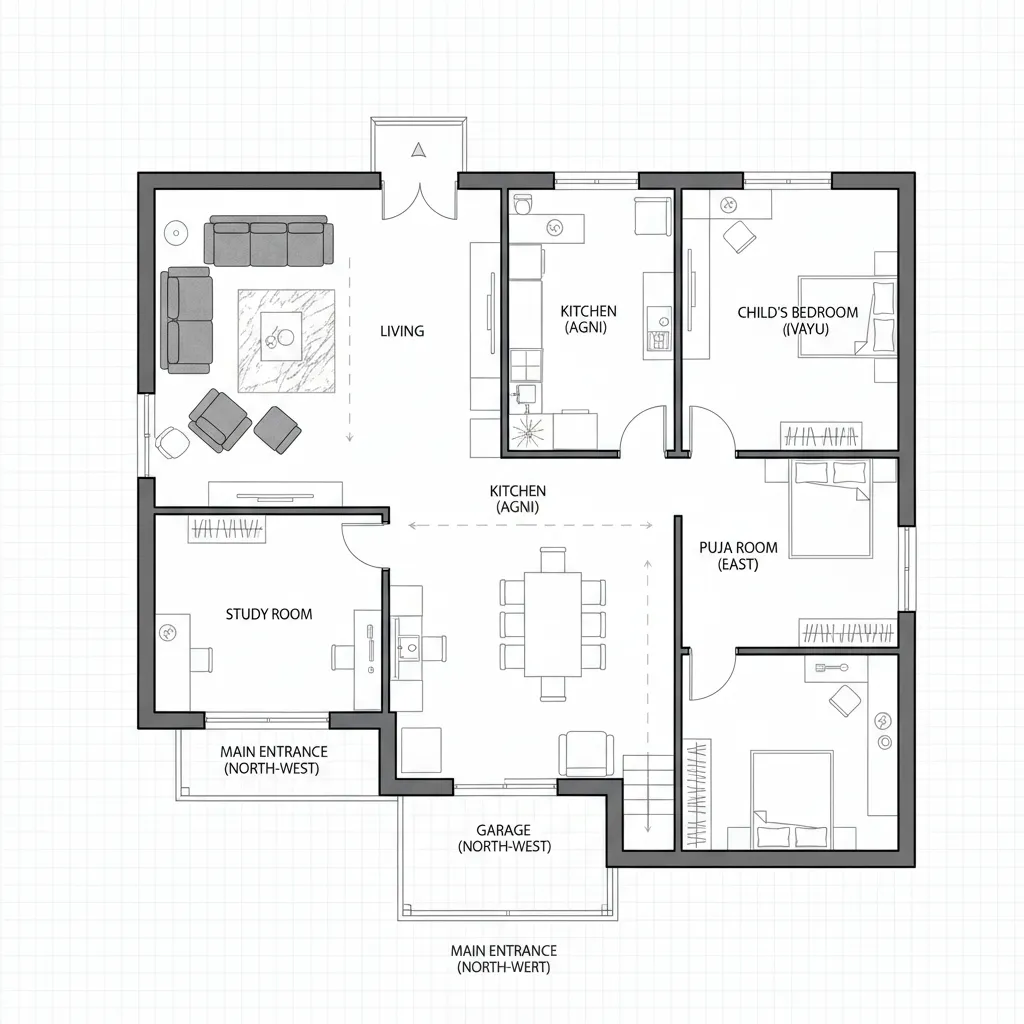 Architectural floor layout showing vastu aligned room placement