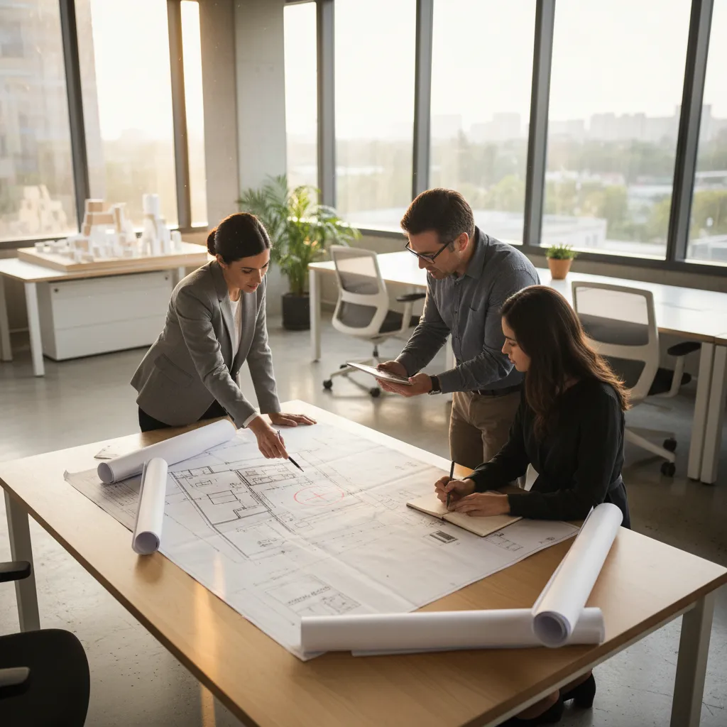 Three people in an office discussing a large interior design drawing on a wooden table
