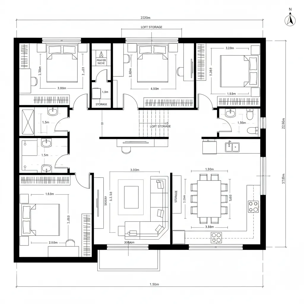 Floor plan design with dimensions showing four bedrooms kitchen dining area living room and storage